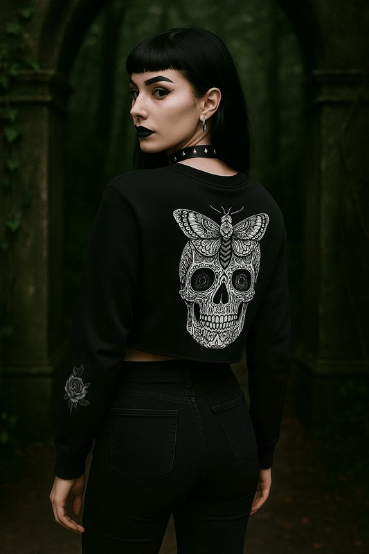 Gothic Skull Butterfly Crop Top Sweater - Skull Crushed Clothing